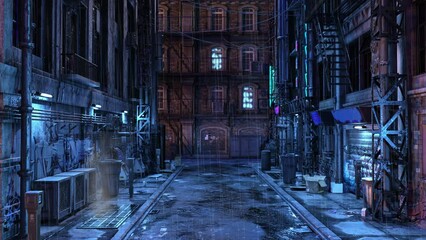 Poster - Dark seedy futuristic Cyberpunk city urban back street alley at night. Rain is falling. 3D animation.