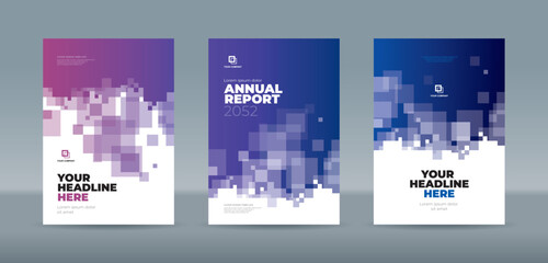 Random transparent squares on purple and blue gradation background, book cover template