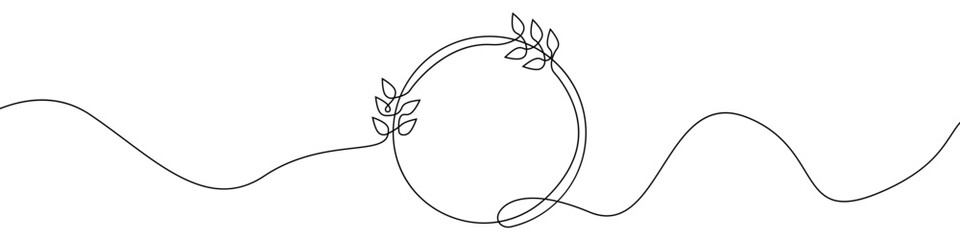 Poster - Round frame with leaves linear hand drawn continuous icon. Decorative frame with one line vector. Round frame linear design vector.