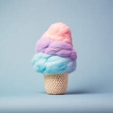 An Ice Cream Cone Made Of Colorful Wool On A Simple Pastel Blue Background. Creative Summer Concept. Generative AI.