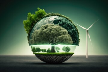 Canvas Print - Ecology concept with green planet and wind turbines