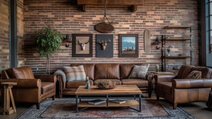 Living room decor, home interior design . Industrial Rustic style with Brick Wall decorated with Metal and Wood material . Generative AI AIG26.