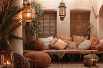 Wall Mural - A cozy sitting area in a Moroccan Riad, with comfortable cushions and decorative lanterns, evoking a sense of relaxation and luxury. Generative AI