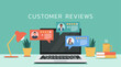 feedback customers review on a laptop screen with people give rating star on website, vector flat illustration