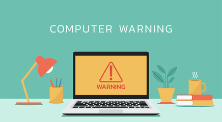 computer warning sign notification alert on laptop screen, vector flat illustration