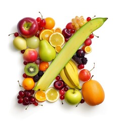 fruit, letter, alphabet, food, apple, orange, fruits, fresh, grape, healthy, banana, grapes, isolated, green, ripe, red, strawberry, diet, lemon, tropical, pineapple, kiwi, pear, generative ai