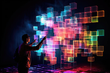 Wall Mural - Person walking in digital world. Human silhouette lost in futuristic cyberspace made of colorful cubes. Digital addiction. Created with Generative AI