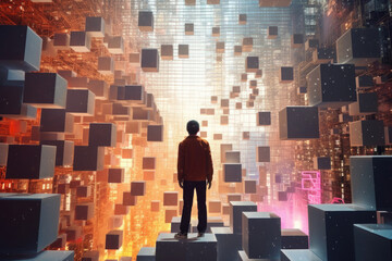 Wall Mural - Person walking in digital world. Human silhouette lost in futuristic cyberspace made of colorful cubes. Digital addiction. Created with Generative AI