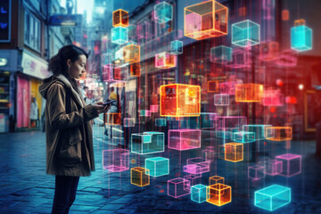 Wall Mural - Person walking in digital world. Human lost in futuristic cyberspace made of colorful cubes. Digital addiction. Created with Generative AI