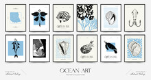 Abstract Ocean And Sea Posters Template. Modern Sea Botanical Trendy Black Style. Vintage Seaweed, Fish, Shell. Ink Wall  Art.