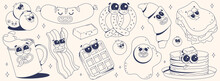 Trendy Sticker Set With Funky Food Characters. Branding Mascots For Cafe, Restaurant, Bar. Fresh Pastries, Pretzel, Croissant, French Toast, Coffee, Pancakes, Waffles, Bacon, Eggs, Sausage. Monochrome