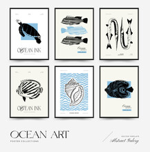 Abstract Ocean And Sea Posters Template. Modern Sea Botanical Trendy Black Style. Vintage Seaweed, Fish, Shell. Ink Wall  Art.