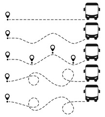 Wall Mural - bus route with location pin set. public transport silhouette driving on dotted path collection. jour