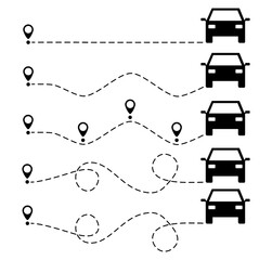 Wall Mural - car route with location pin set. automobile silhouette driving on dotted path collection. journey an