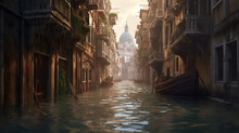 Venice Canal With Old Buildings And Santa Maria Della Salute Church. An Art Composition Of A Flooded Old European City In Matte Tones. AI Generated Content.