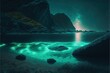 A beautiful and peaceful seashore with bioluminescent plankton, natural moon light