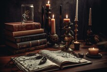 Vintage Occult Setup With Voodoo Doll, Black Candles, Pentagram, And Old Books On A Witch Table. Mystic And Esoteric Atmosphere. Generative AI