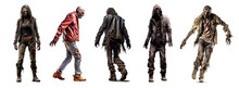 Set Of Zombie Man Isolated On White Background. 3D Rendering. Full View. Various Angles. Man And Woman. Flesh Eaters. Torn Clothes. Tattered And Ripped.