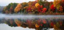 A Forest And Lake Are Framed By Colorful Autumn Trees