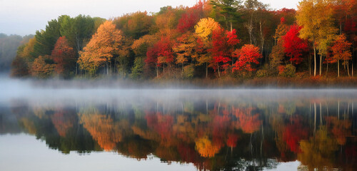 a forest and lake are framed by colorful autumn trees