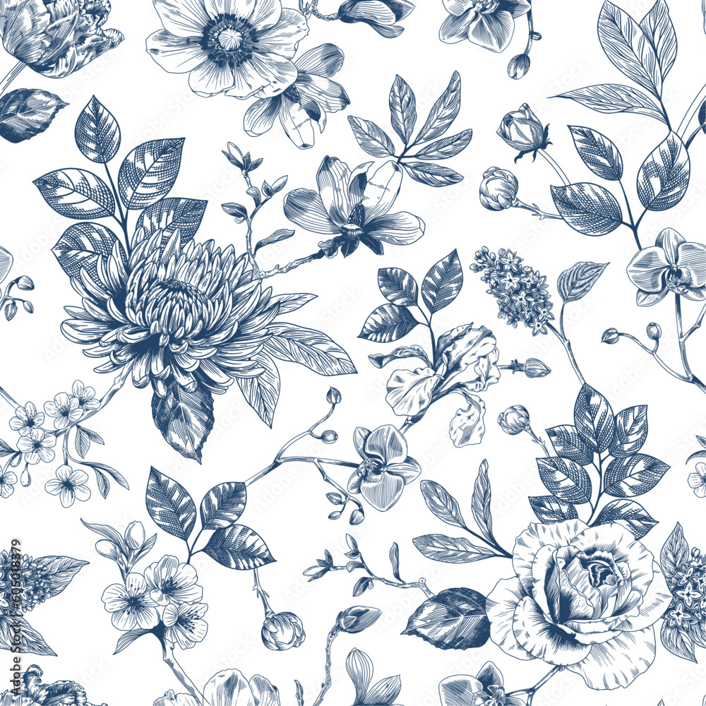 Abstract modern floral seamless pattern with hand drawn flower in Toile ...