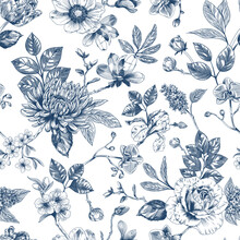 Abstract Modern Floral Seamless Pattern With Hand Drawn Flower In Toile De Jouy Style. Retro Elegance Repeat Print. Vintage Design For Fabric, Wallpaper Or Wrapping