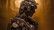 Three dimensional human figure made of upcycled metal and electronic waste forming to draw attention to environmental protection and recycling. Generative ai