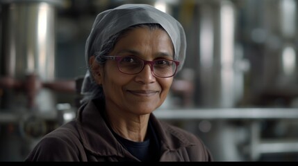 A smiling senior Indian female factory worker standing in oil refinery plant. Generative AI AIG19.