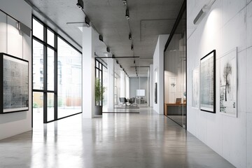 interior of a contemporary office corridor with a mock up white billboard, glass doors, furniture, a