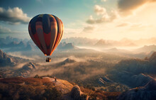 A Hot Air Balloon In A Cloudy Abode Over A Mountain Range