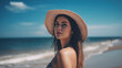 © Syntetic Dreams - Young Sexy Woman at the Beach enjoying sea summer vacation. Model Portrait in straw hat outdoors. Tropical ocean sandy beach background. generative ai