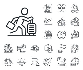Poster - man run with travel baggage sign. plane jet, travel map and baggage claim outline icons. travel dela