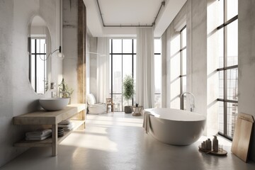 interior of a loft bathroom with white walls over concrete floors, two sinks, and a white tub. a moc
