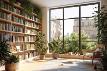 Wall Mural - glass window wall view nature theme |,living room with nature behind glass windows ,modern nature themed living room ,fantastic view office room generative AI