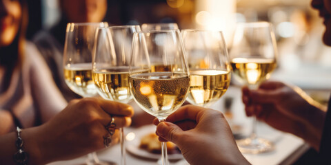 Close up of group of friends toasting with glasses of white wine at restaurant