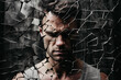 © Lukas Juszczak - Portrait of a young, sad man against the background of broken glass. Suffering, sadness and mental problems concept. Generative ai