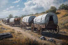 Acrylic Painting Of Wagons On The Oregon Trail. Generative AI
