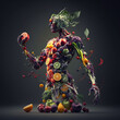 © Andrea Marongiu - Ai surreal picture of a male human body made up of fruits and vegetables, a digital rendering, naturalism, biomachine. Concept of well balanced diet for the organism, vegetarian life style.