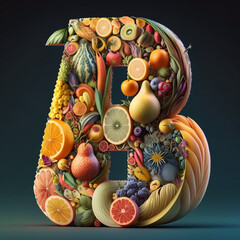 Ai generated bee made of fruits and vegetables. 3D Render green letter bee, presentation of type character with raw plant foods. Concept of healthy vegetarian and whole food diet and alphabet