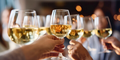 Close up of group of friends toasting with glasses of white wine at restaurant