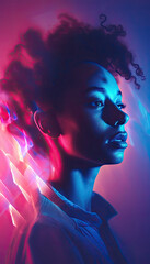 Wall Mural - A silhouetted portrait profile of an African American Female  in contemplative pose with pink and teal tones and light leaks. Created with Generative AI,