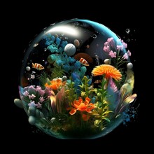 The Image Shows Elemental Flowers Dropped Sea , In The Style Of Bubble Goth, Realistic Hyper - Detailed Rendering, Glass As Material, Rounded, Biomorphic, Flickr, Stock Photo, Circular Object On Black