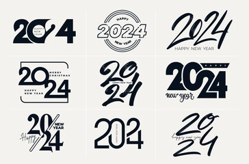 Wall Mural - 2024 Happy New Year logo black text design set. Big collection of 2024 number trend design template. 2024 Happy New Year symbols decoration. Christmas vector illustration with black labels.