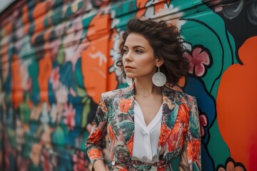 Wall Mural - A fashion model posing in front of a colorful mural wall. Generative Ai