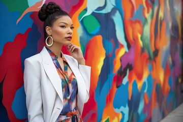 Wall Mural - A fashion model posing in front of a colorful mural wall. Generative Ai