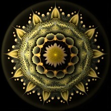A Yellow Mercury Circular Object On A Black Background, Radial Symmetry, Mind-boggling Cosmic Geometry, Sacred Geometry Pattern, Fourteen-dimensional, Radially Symmetrical, Fractal Algorightmic Art, D