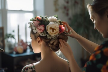 Wall Mural - Hair stylist makes the bride a wedding hairstyle with fresh flowers. Generative Ai