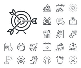 Marketing targeting strategy symbol. Salaryman, gender equality and alert bell outline icons. Target line icon. Aim with arrows sign. Target line sign. Spy or profile placeholder icon. Vector