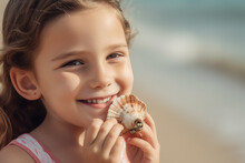 Pretty Little Girl With A Seashell On A Beach. Generative AI