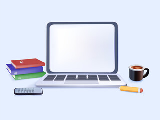 Poster - 3d computer laptop with blank empty screen for copy space text on working desk table or workplace ve